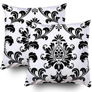 2 Square Damask Floral Pattern Royal Flower Black White Pillow Case Cover 18X18
